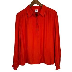 CAbi Red Long Sleeve Button Front Blouse Smocked Cuffs Size Medium